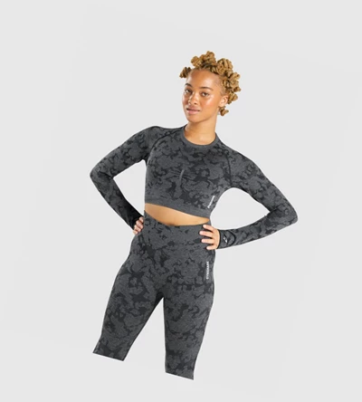 Camiseta Gymshark Adapt Camo Seamless Crop Top Mujer Negros | AJZVKUG-09