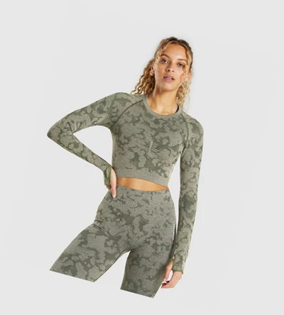 Camiseta Gymshark Adapt Camo Seamless Crop Top Mujer Verdes | HDLMQZY-83