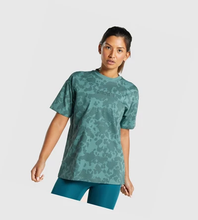 Camiseta Gymshark Camo Estampados Oversized Mujer Verdes Oscuro | OCFZYPL-72