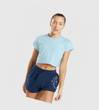 Camiseta Gymshark Legacy Estampados Crop Mujer Azules | CQGMJAD-86