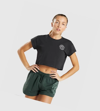 Camiseta Gymshark Legacy Estampados Crop Mujer Negros | GZPNVCS-34