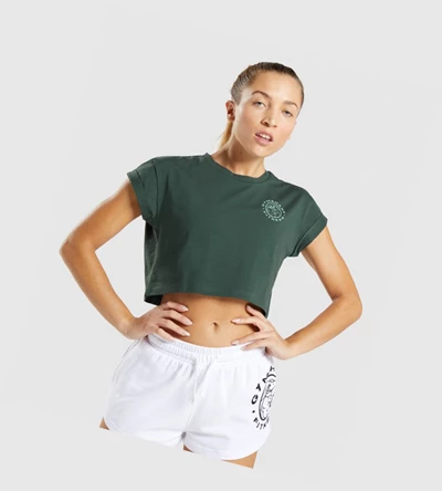 Camiseta Gymshark Legacy Estampados Crop Mujer Verdes Oscuro | SLUQADV-97