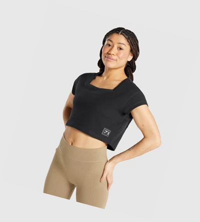 Camiseta Gymshark Pause Crop Top Mujer Negros | MLPCZFT-85