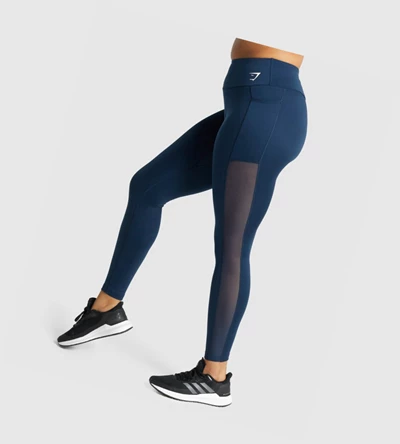 Leggins Gymshark Entrenamiento Mesh Pocket High Waisted Mujer Azul Marino | RGWTPKJ-24