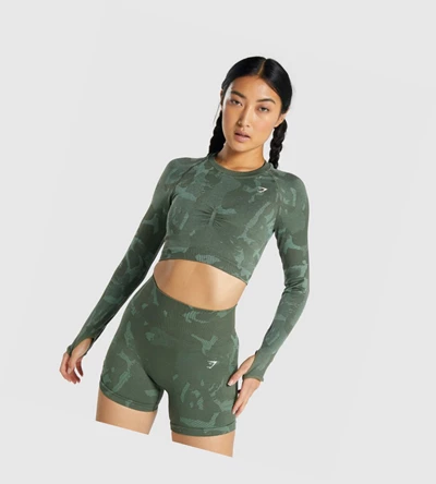 Sudaderas Gymshark Adapt Camo Seamless Crop Top Mujer Verdes | BYCNDLO-34