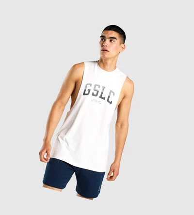 Camiseta Tirantes Gymshark GSLC Collegiate Drop Arm Hombre Creme | CBOWJUS-84