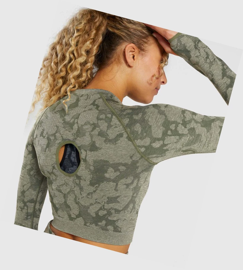 Camiseta Gymshark Adapt Camo Seamless Crop Top Mujer Verdes | HDLMQZY-83