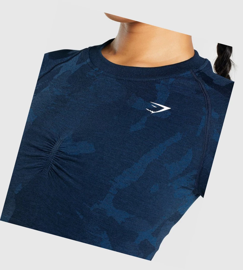 Camiseta Gymshark Adapt Camo Seamless Crop Top Mujer Azul Marino | ZPOYNWJ-21