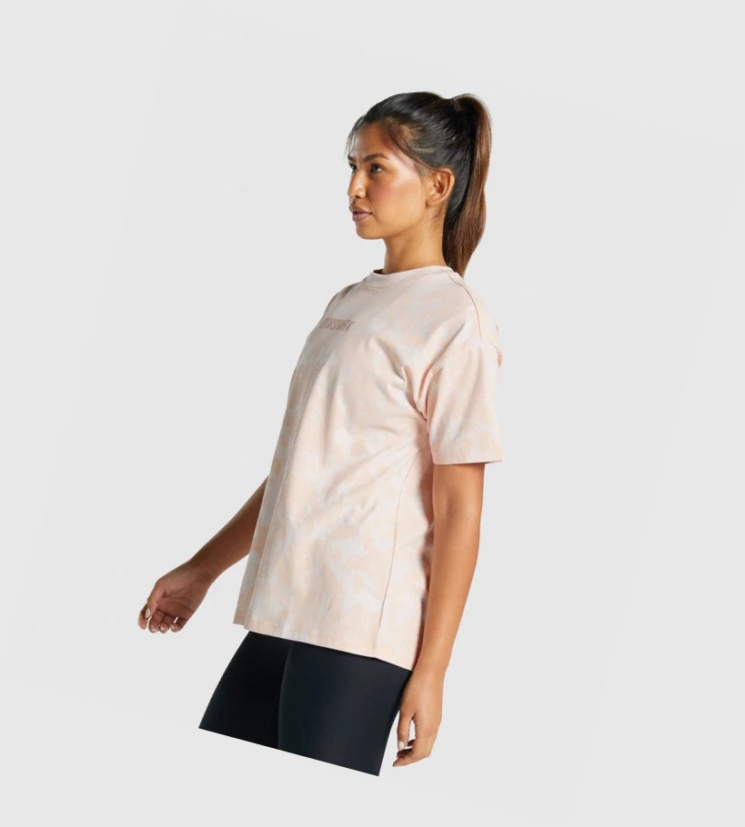 Camiseta Gymshark Camo Estampados Oversized Mujer Creme Marrom Claro | LBXVDAP-90