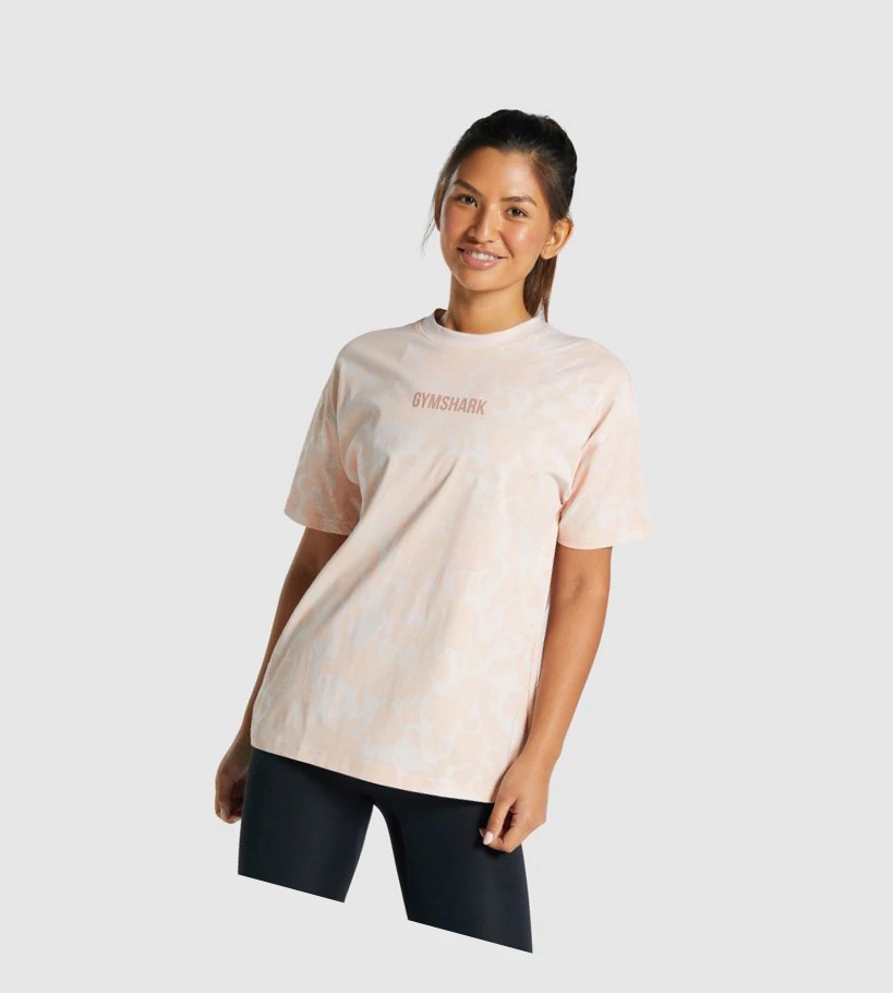 Camiseta Gymshark Camo Estampados Oversized Mujer Creme Marrom Claro | LBXVDAP-90