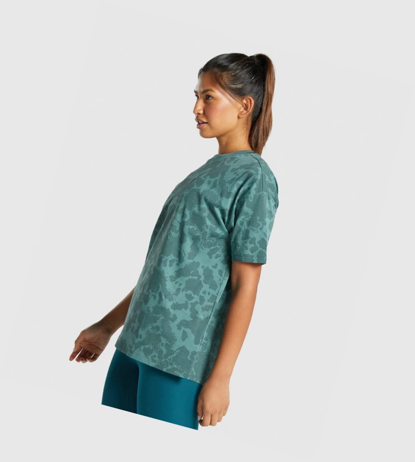 Camiseta Gymshark Camo Estampados Oversized Mujer Verdes Oscuro | OCFZYPL-72