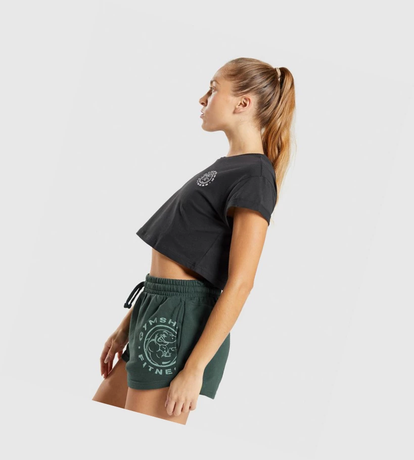 Camiseta Gymshark Legacy Estampados Crop Mujer Negros | GZPNVCS-34