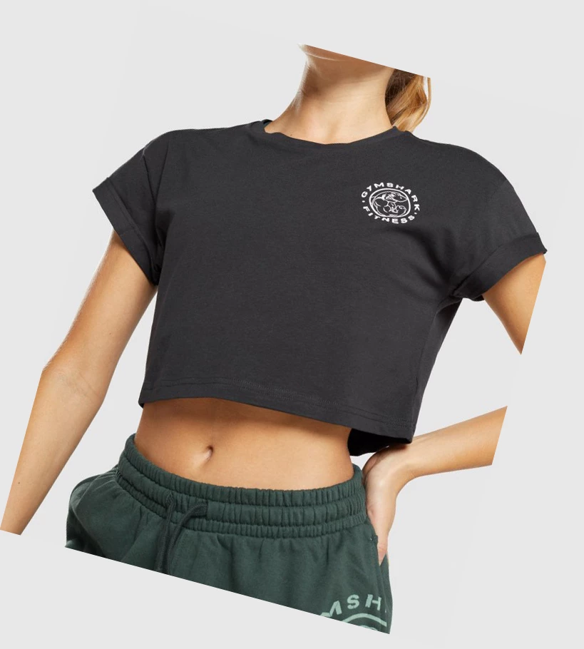 Camiseta Gymshark Legacy Estampados Crop Mujer Negros | GZPNVCS-34