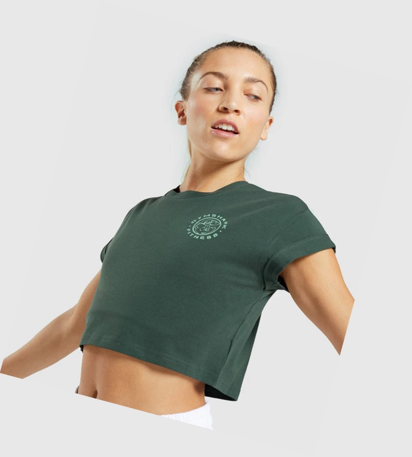 Camiseta Gymshark Legacy Estampados Crop Mujer Verdes Oscuro | XBCEKFR-47