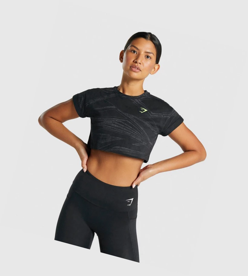 Camiseta Gymshark Zone Estampados Crop Mujer Negros Grises | CMFSZJQ-89