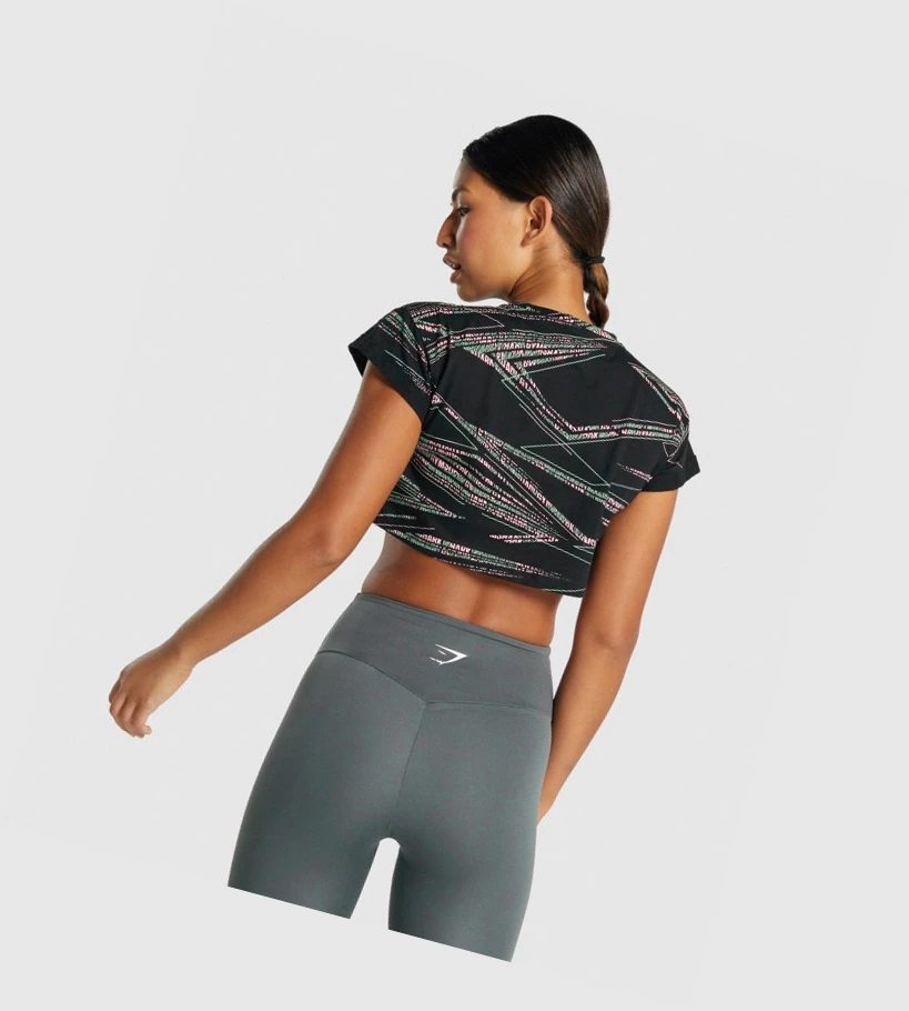 Camiseta Gymshark Zone Estampados Crop Mujer Negros Verdes | OXDKJHC-94