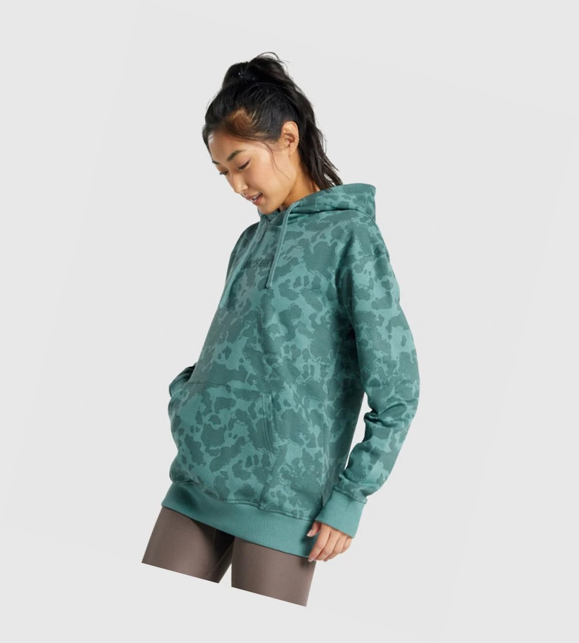 Sudadera Con Capucha Gymshark Camo Estampados Oversized Mujer Verdes Oscuro | PYBXAJW-57